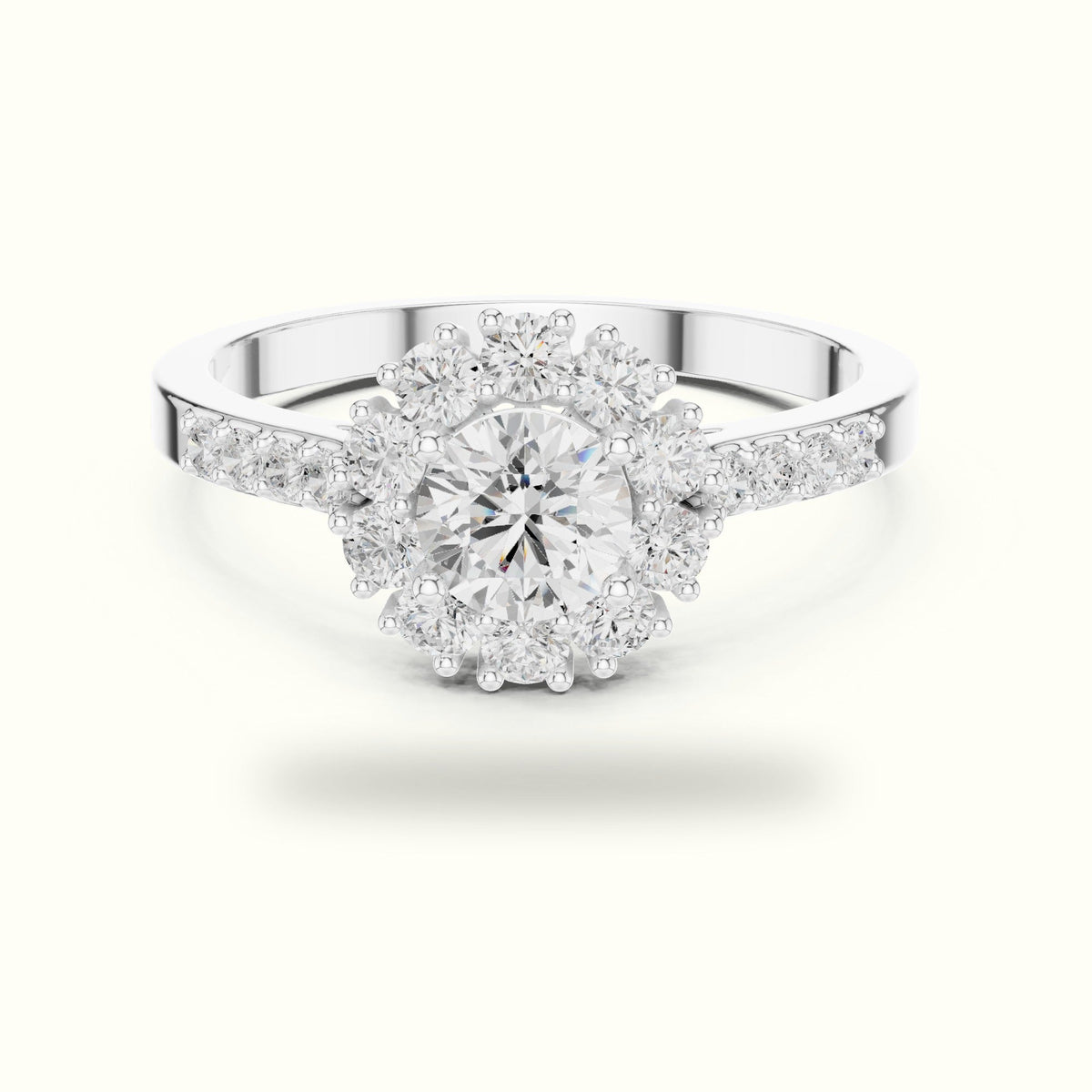 Round Halo Lab-Grown Diamond Ring - ALR-66 — White gold, front view | Crystal N Cuts