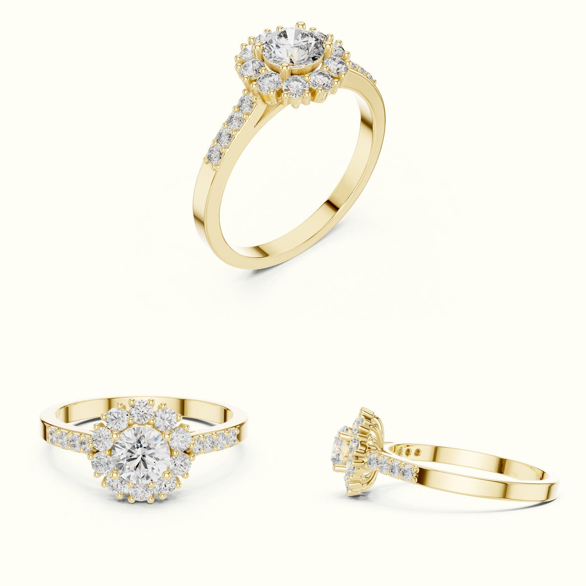 Round Halo Lab-Grown Diamond Ring - ALR-66 — Yellow gold, on the hand | Crystal N Cuts