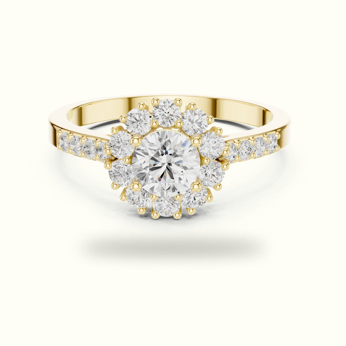 Round Halo Lab-Grown Diamond Ring - ALR-66 — Yellow gold, front view | Crystal N Cuts