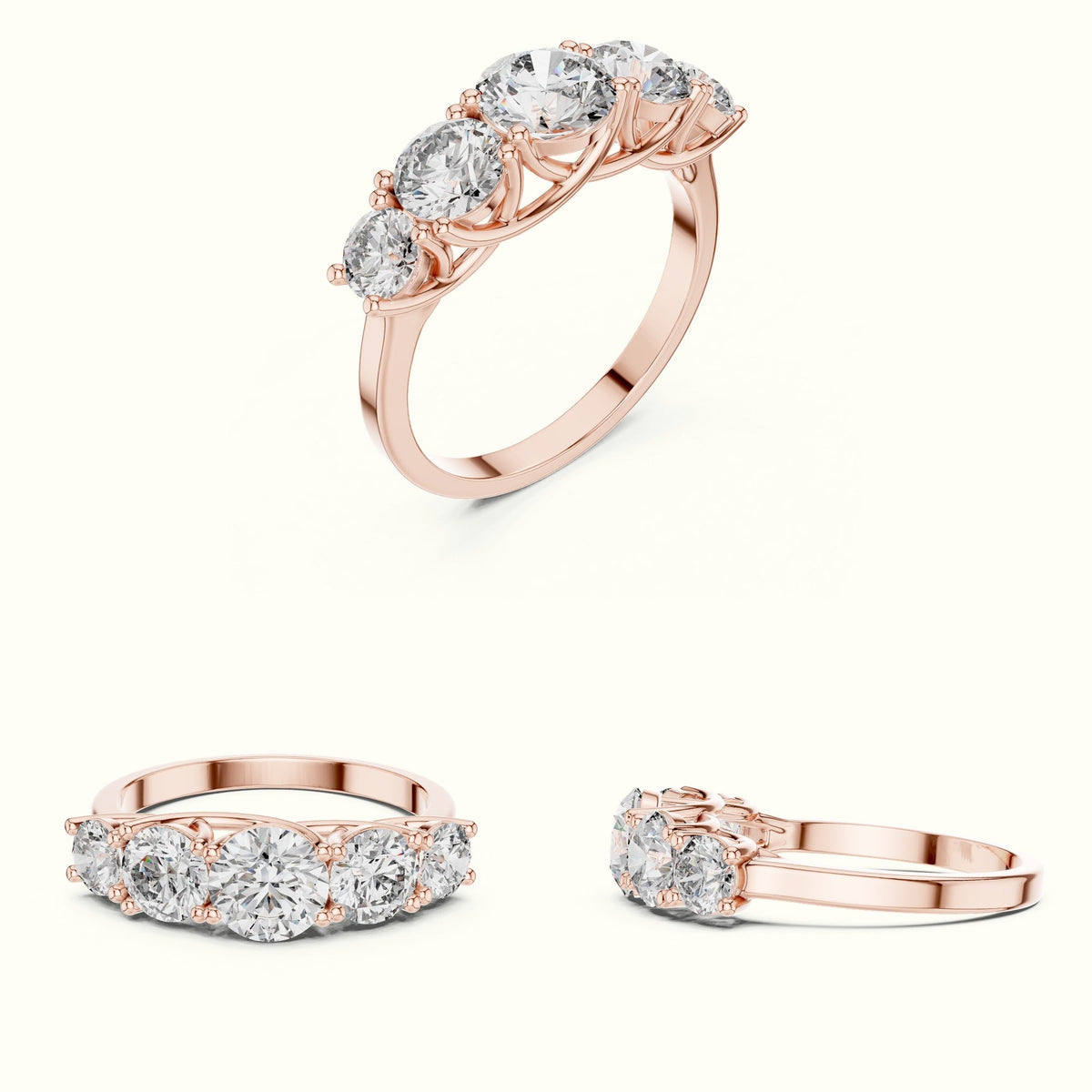 Round Lab-Grown Diamond Five-Stone Ring — Rose gold, on the hand | Crystal N Cuts