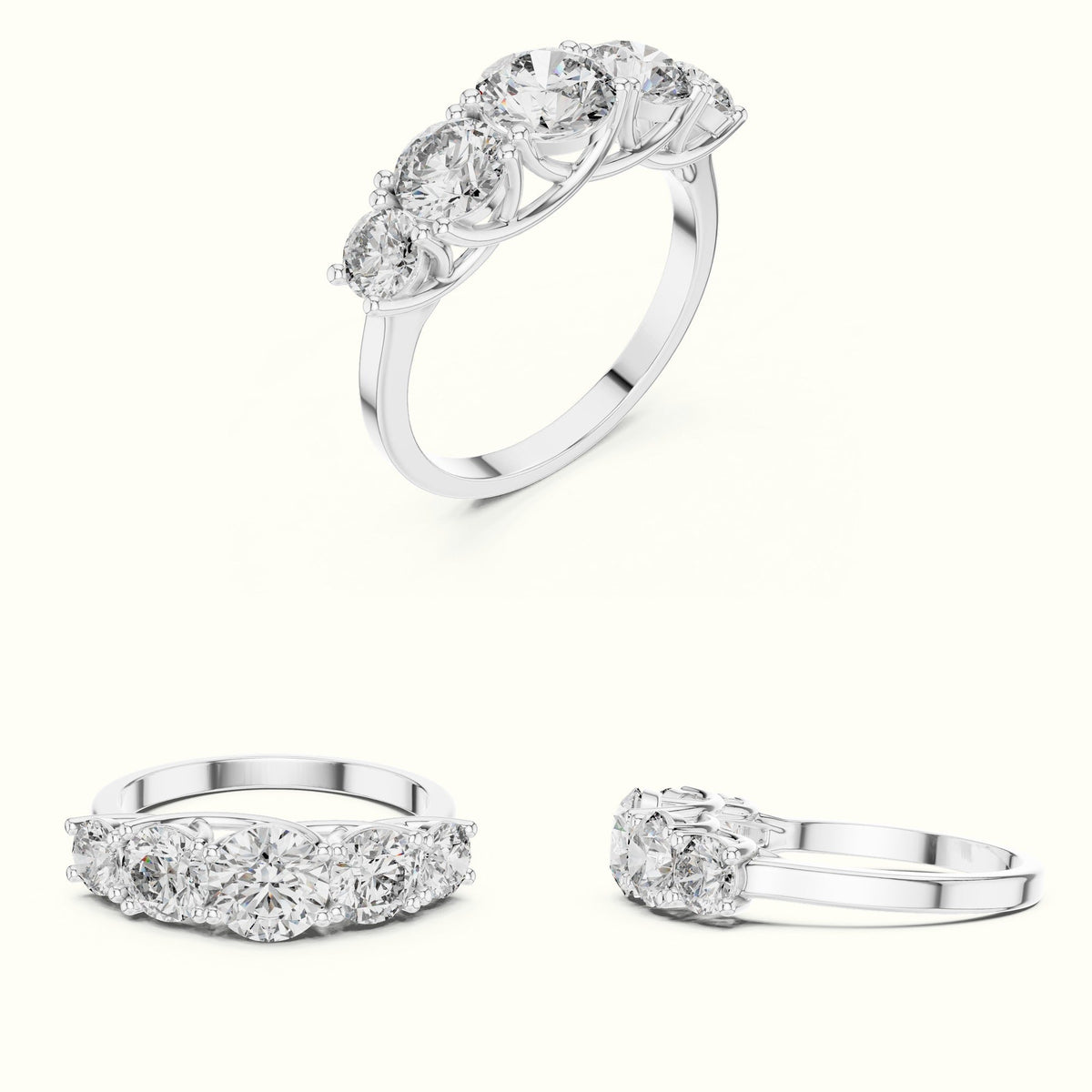 Round Lab-Grown Diamond Five-Stone Ring — White gold, on the hand | Crystal N Cuts