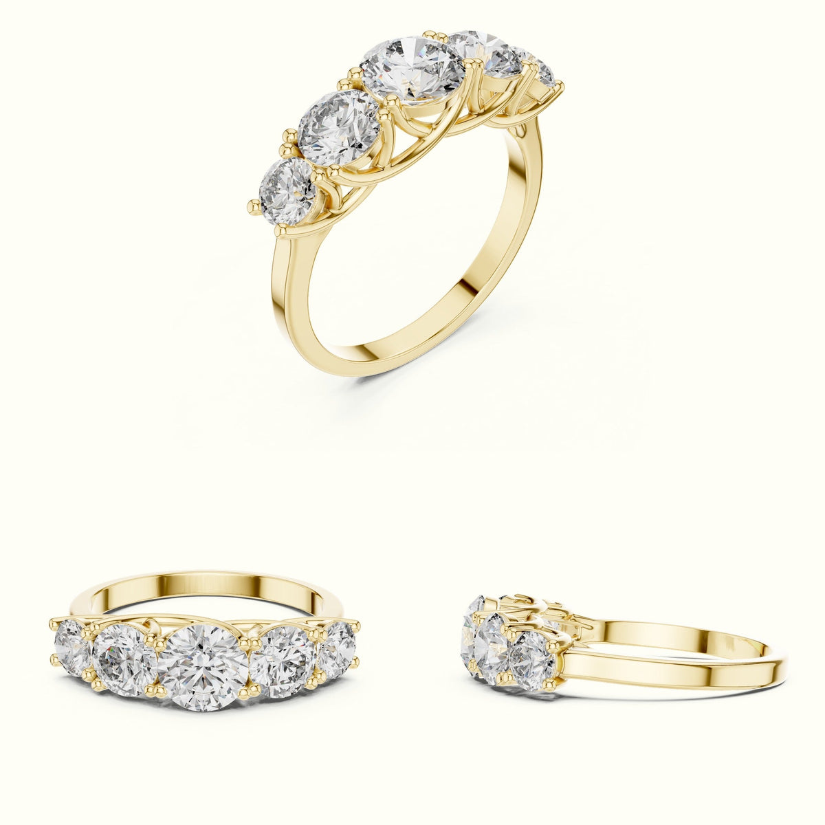 Round Lab-Grown Diamond Five-Stone Ring — Yellow gold, on the hand | Crystal N Cuts
