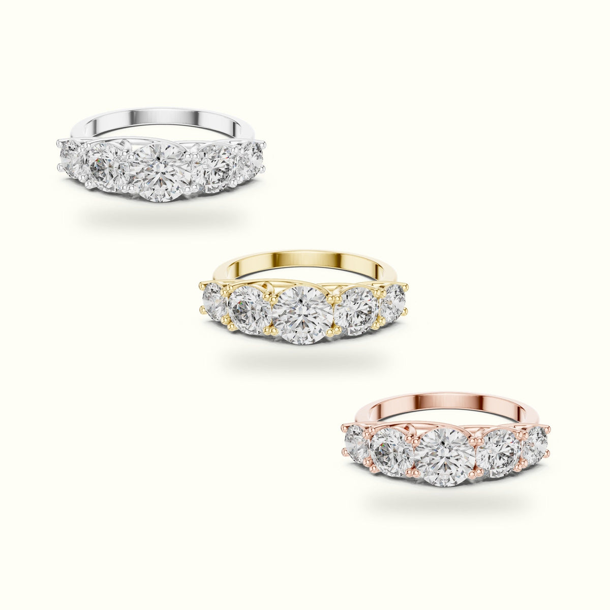 Round Lab-Grown Diamond Five-Stone Ring — White gold, front view | Crystal N Cuts