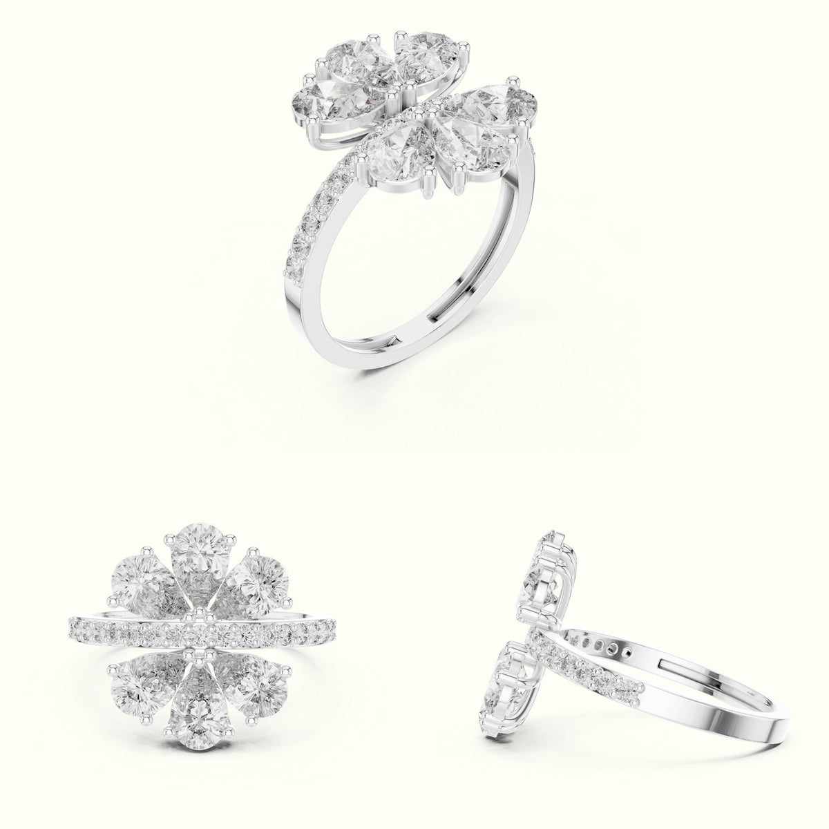 Pear Cluster Lab-Grown Diamond Ring — White gold, on the hand | Crystal N Cuts
