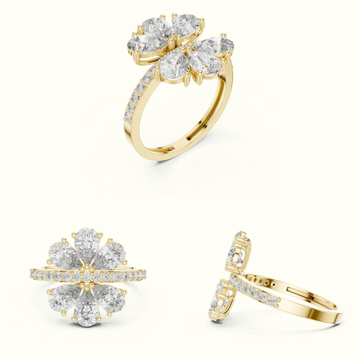 Pear Cluster Lab-Grown Diamond Ring — Yellow gold, on the hand | Crystal N Cuts