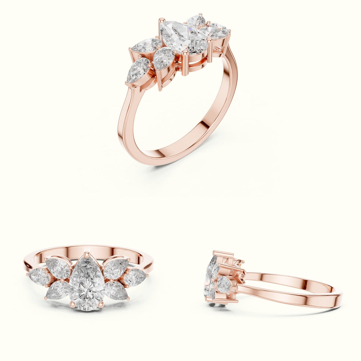 Pear Basket Lab-Grown Diamond Solitaire with Side Stones Ring — Rose gold, on the hand | Crystal N Cuts
