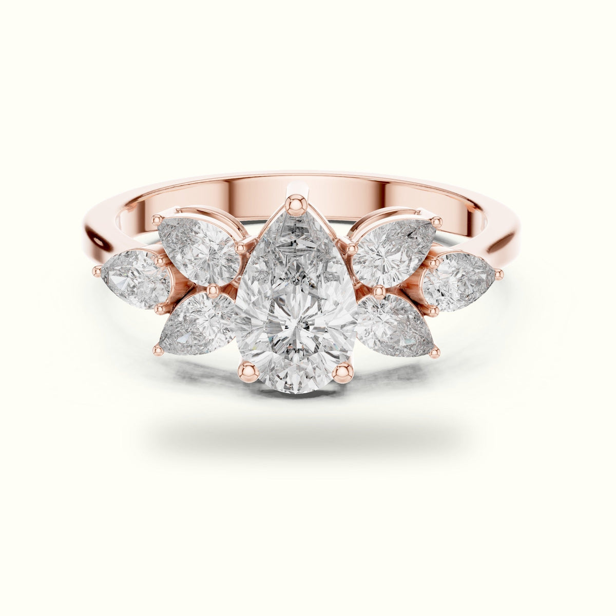 Pear Basket Lab-Grown Diamond Solitaire with Side Stones Ring — Rose gold, front view | Crystal N Cuts
