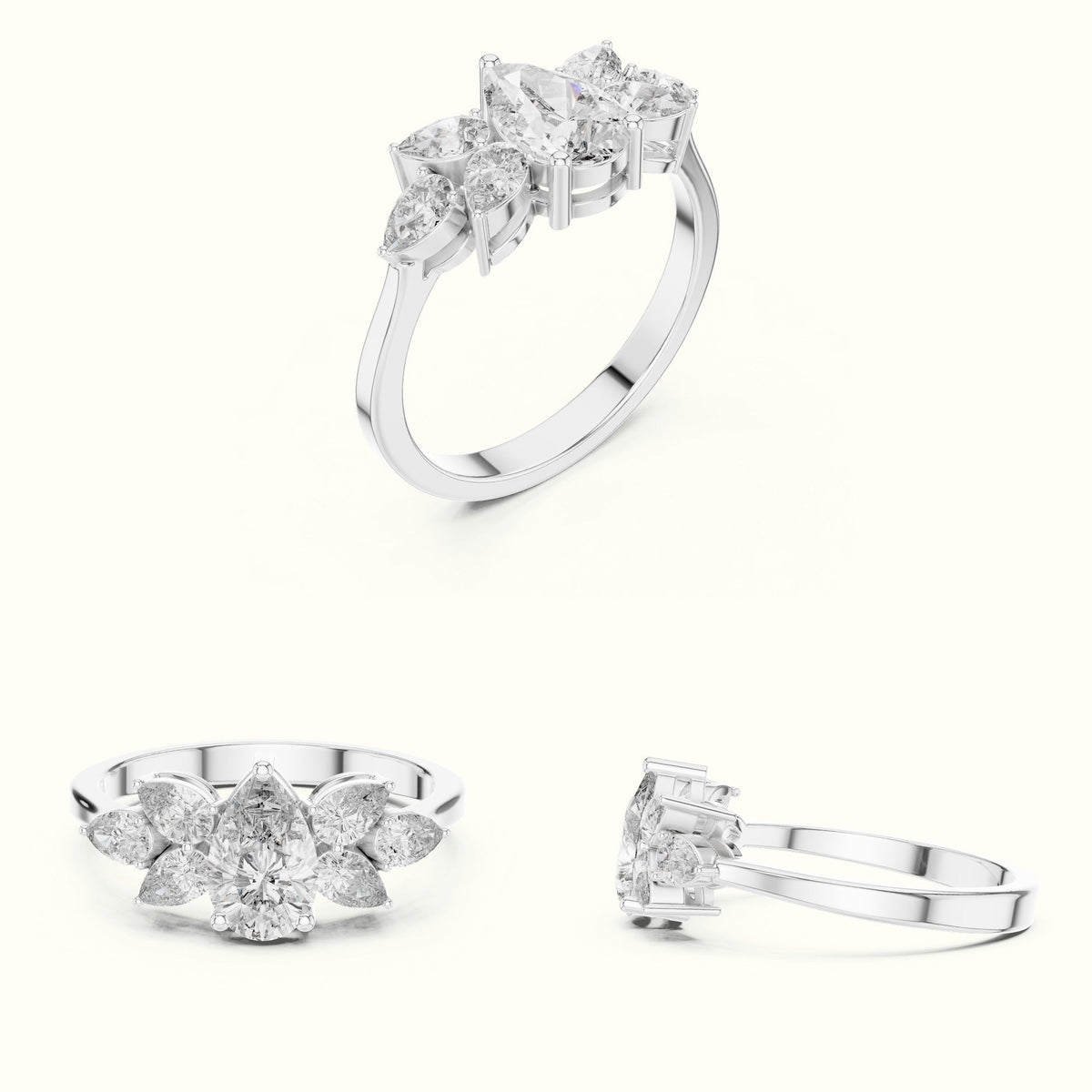 Pear Basket Lab-Grown Diamond Solitaire with Side Stones Ring — White gold, on the hand | Crystal N Cuts