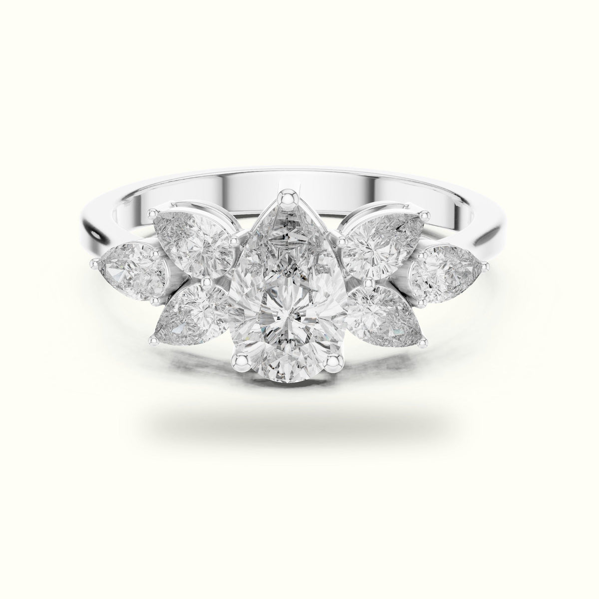 Pear Basket Lab-Grown Diamond Solitaire with Side Stones Ring — White gold, front view | Crystal N Cuts