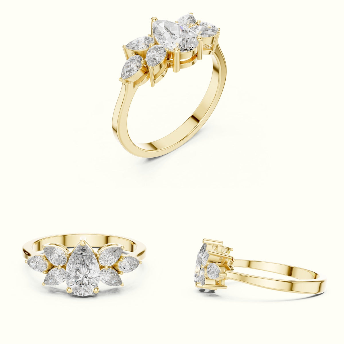 Pear Basket Lab-Grown Diamond Solitaire with Side Stones Ring — Yellow gold, on the hand | Crystal N Cuts