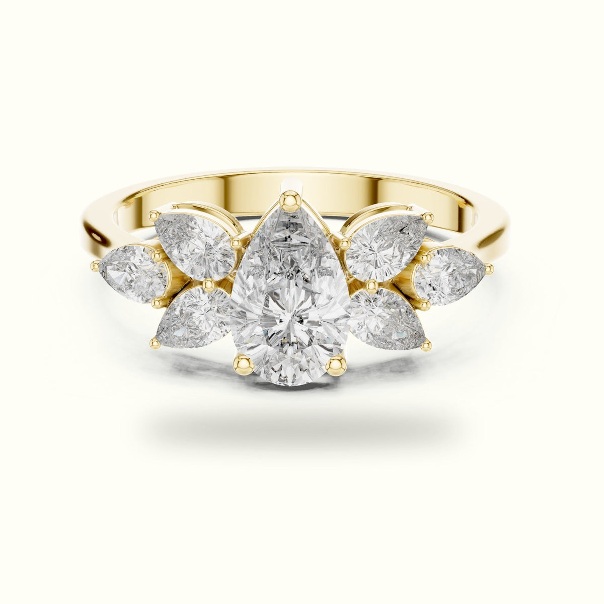 Pear Basket Lab-Grown Diamond Solitaire with Side Stones Ring — Yellow gold, front view | Crystal N Cuts