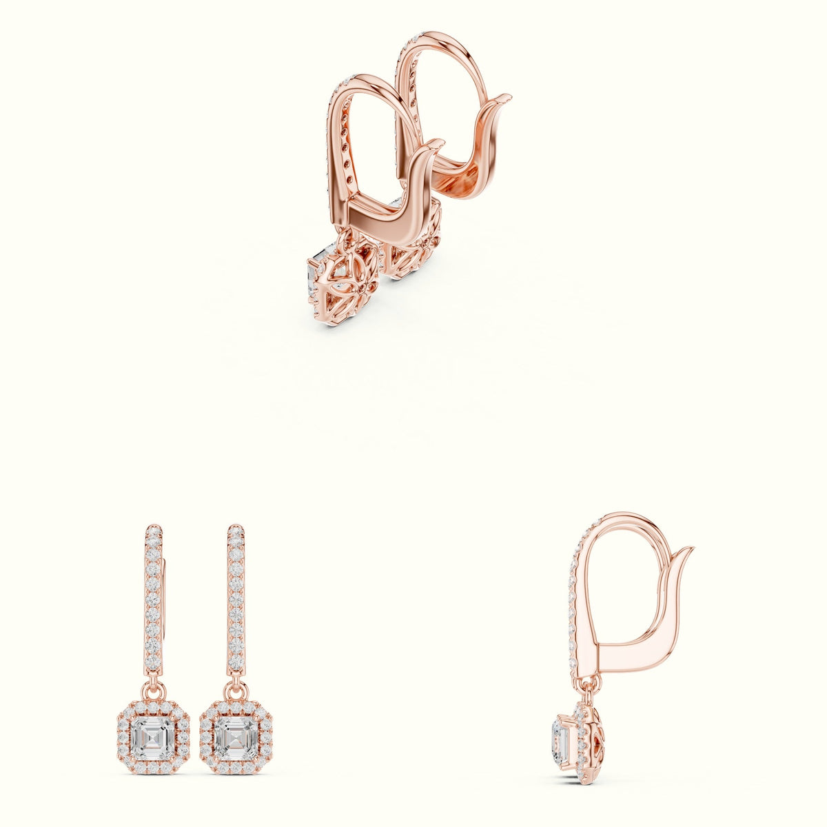 Asscher Cut Halo Lab-Grown Diamond Earrings — Rose gold, on the hand | Crystal N Cuts