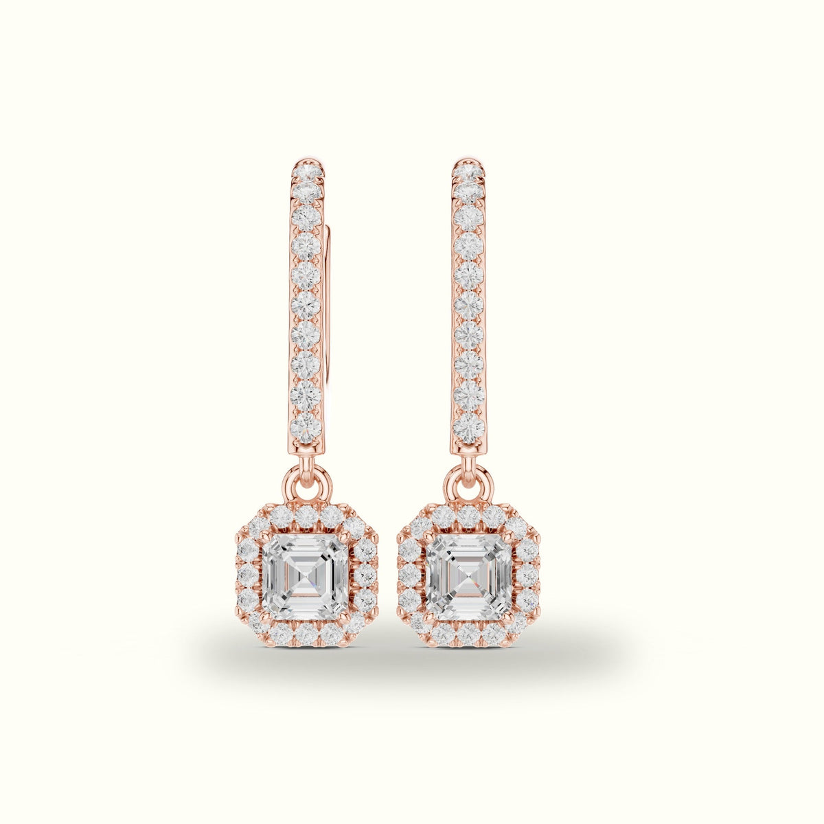 Asscher Cut Halo Lab-Grown Diamond Earrings — Rose gold, front view | Crystal N Cuts