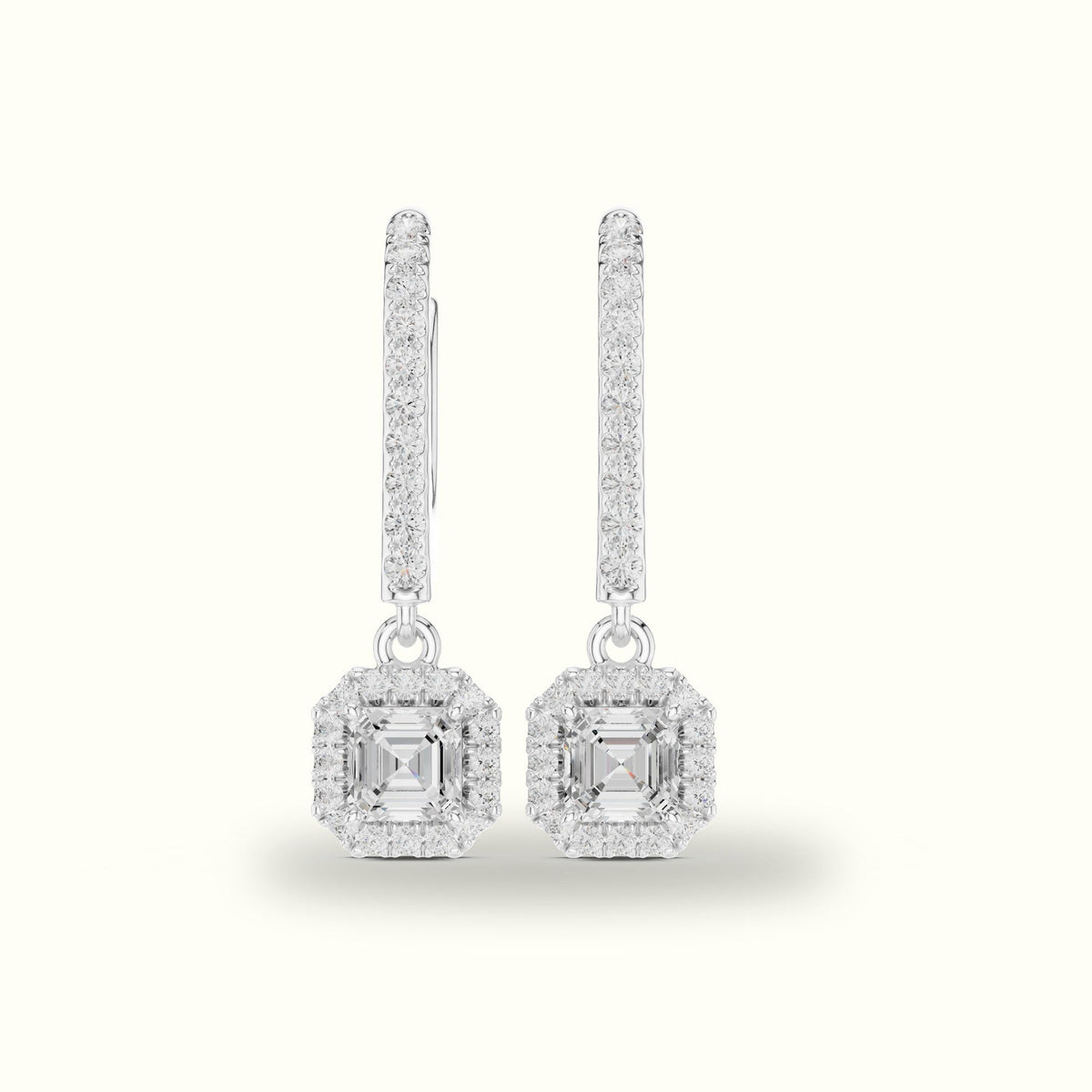 Asscher Cut Halo Lab-Grown Diamond Earrings — White gold, front view | Crystal N Cuts