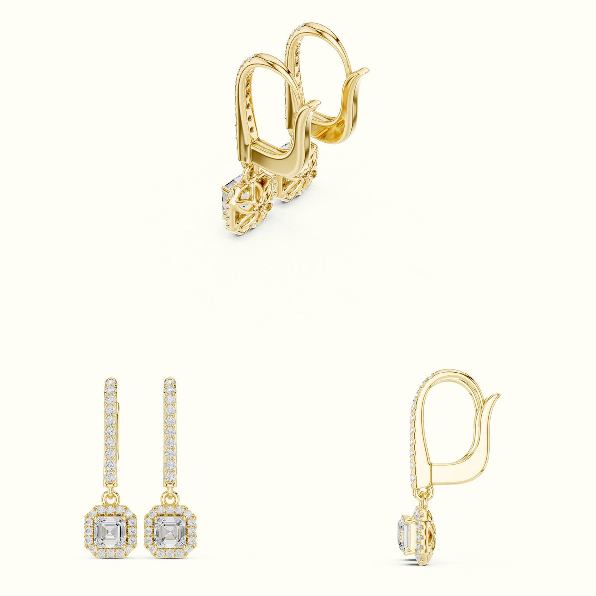 Asscher Cut Halo Lab-Grown Diamond Earrings — Yellow gold, on the hand | Crystal N Cuts