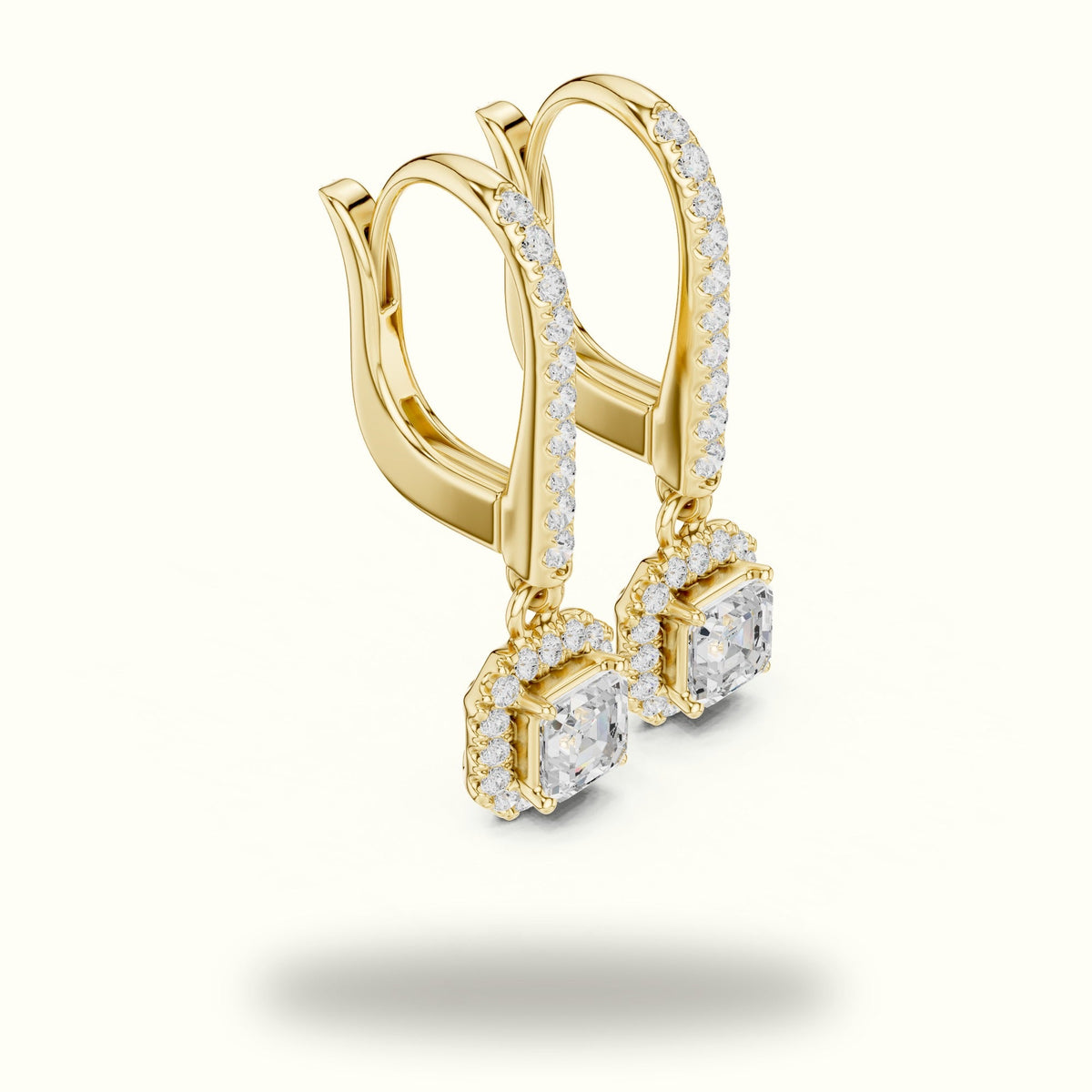 Asscher Cut Halo Lab-Grown Diamond Earrings — Yellow gold, view 1 | Crystal N Cuts