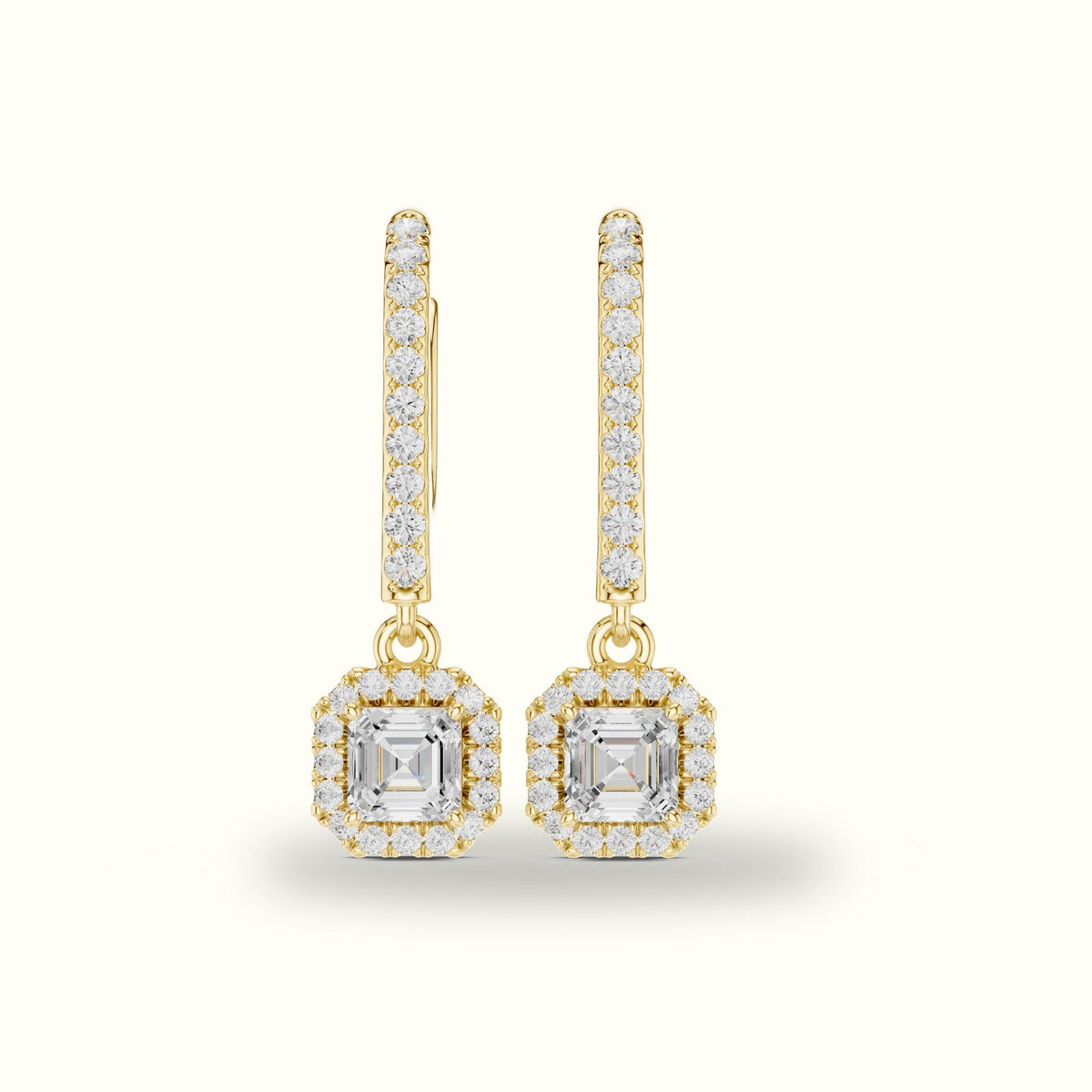 Asscher Cut Halo Lab-Grown Diamond Earrings — Yellow gold, front view | Crystal N Cuts