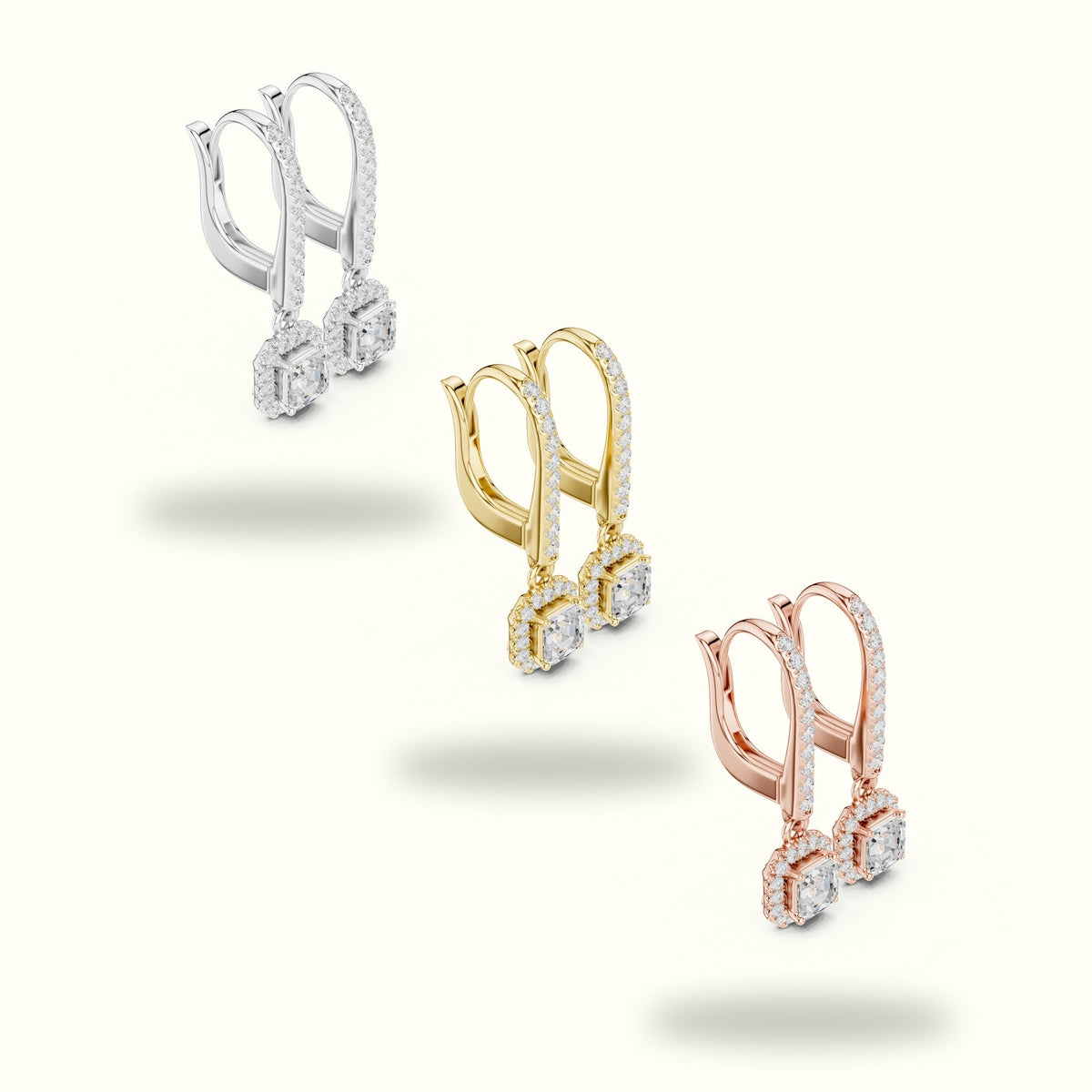 Asscher Cut Halo Lab-Grown Diamond Earrings — White gold, in yellow, white and rose gold | Crystal N Cuts