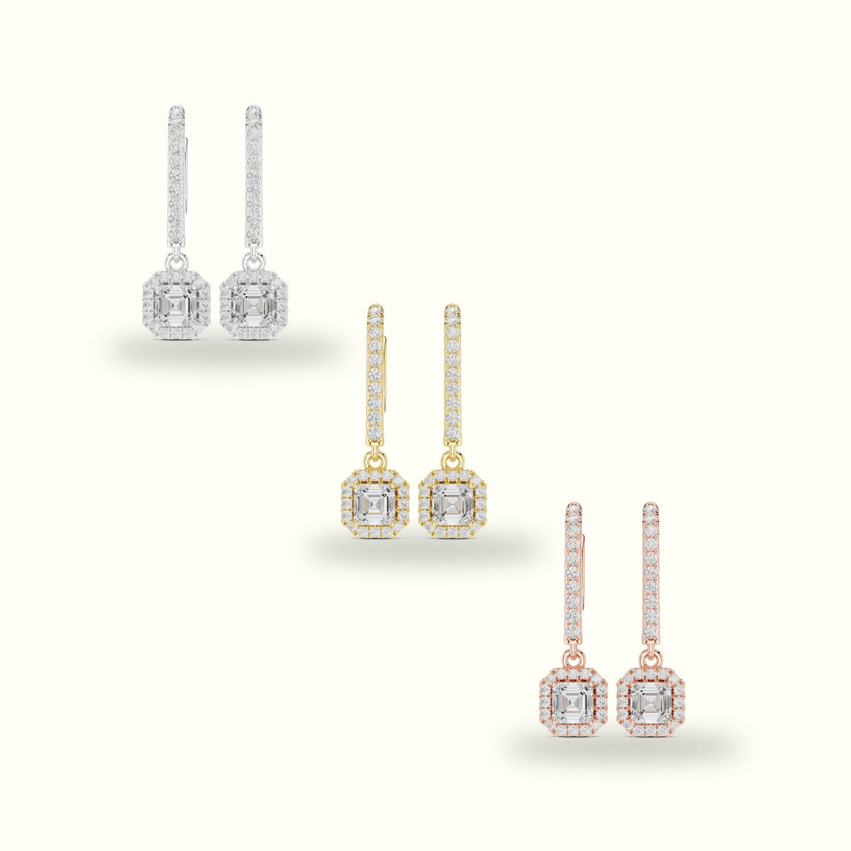 Asscher Cut Halo Lab-Grown Diamond Earrings — Rose gold, front view | Crystal N Cuts