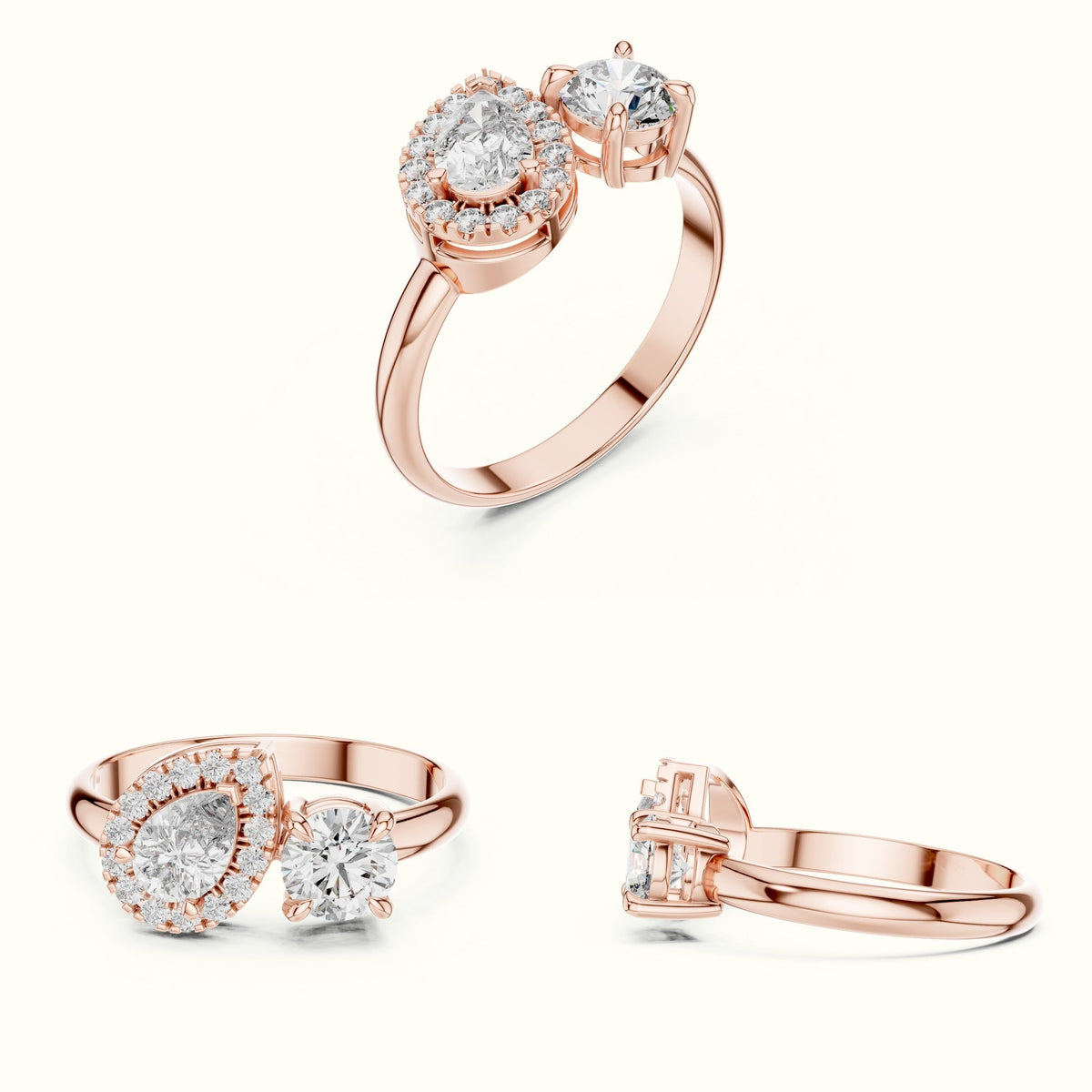 Pear & Round Lab-Grown Diamond Toi et Moi Ring — Rose gold, on the hand | Crystal N Cuts