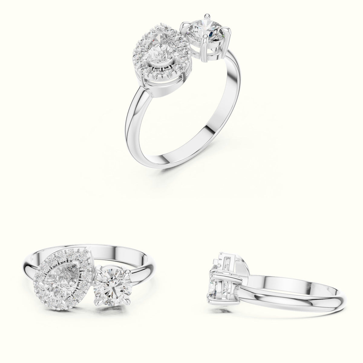 Pear & Round Lab-Grown Diamond Toi et Moi Ring — White gold, on the hand | Crystal N Cuts