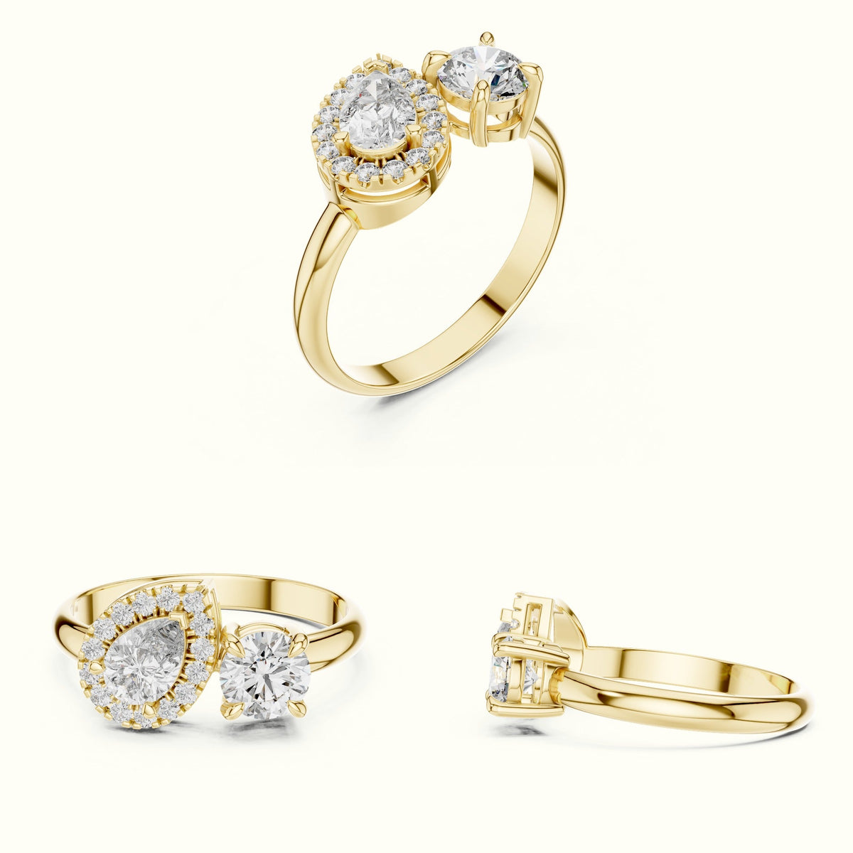 Pear & Round Lab-Grown Diamond Toi et Moi Ring — Yellow gold, on the hand | Crystal N Cuts