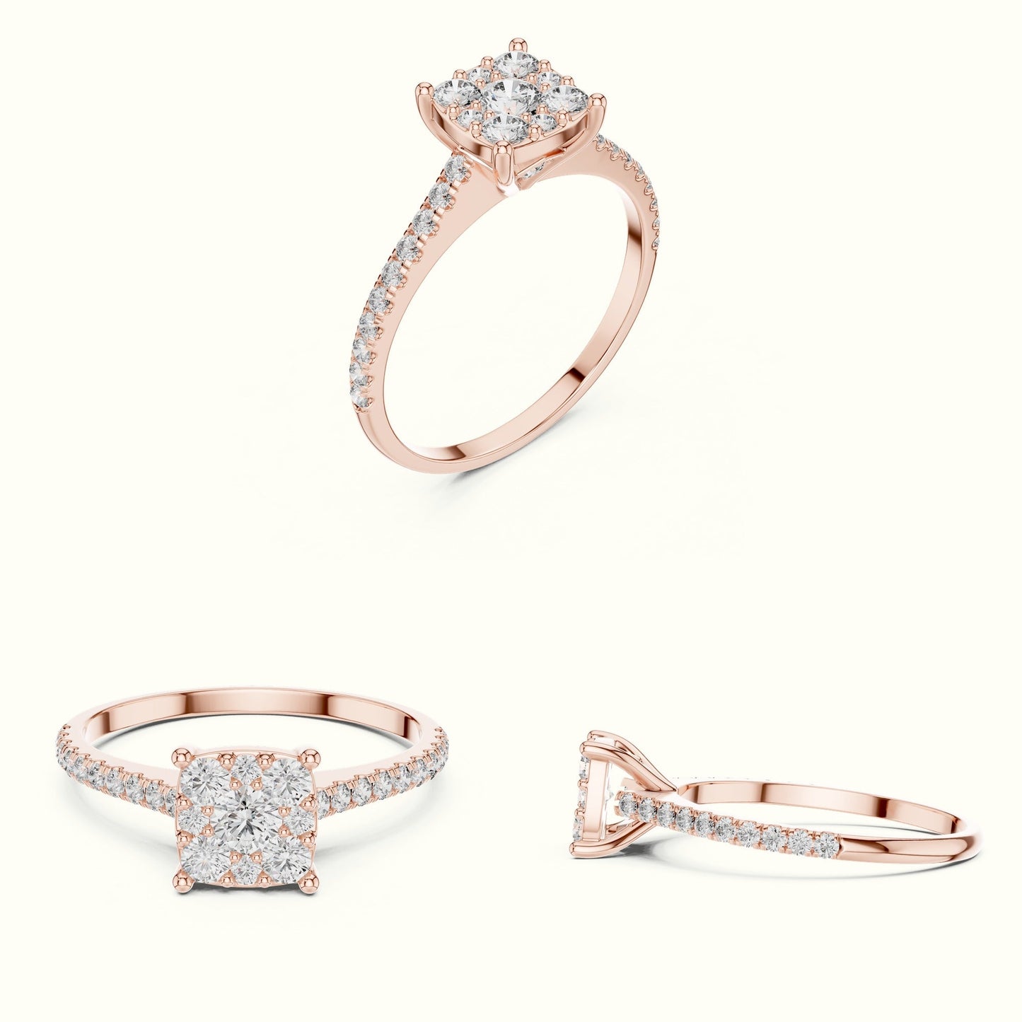 Cushion Composite Cathedral Lab-Grown Diamond Cluster Ring - Rose