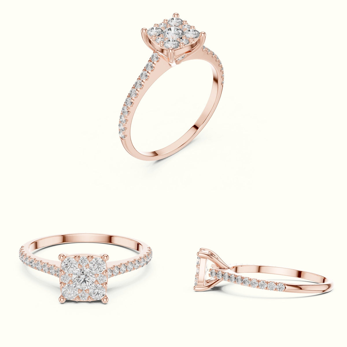Cushion Composite Cathedral Lab-Grown Diamond Cluster Ring — Rose gold, on the hand | Crystal N Cuts