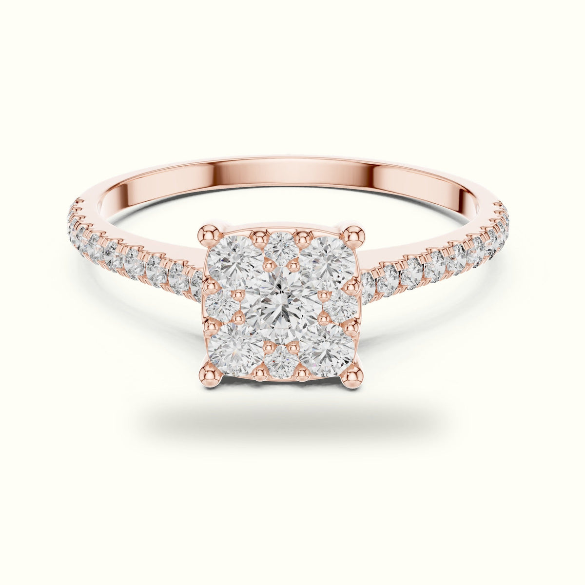 Cushion Composite Cathedral Lab-Grown Diamond Cluster Ring — Rose gold, front view | Crystal N Cuts