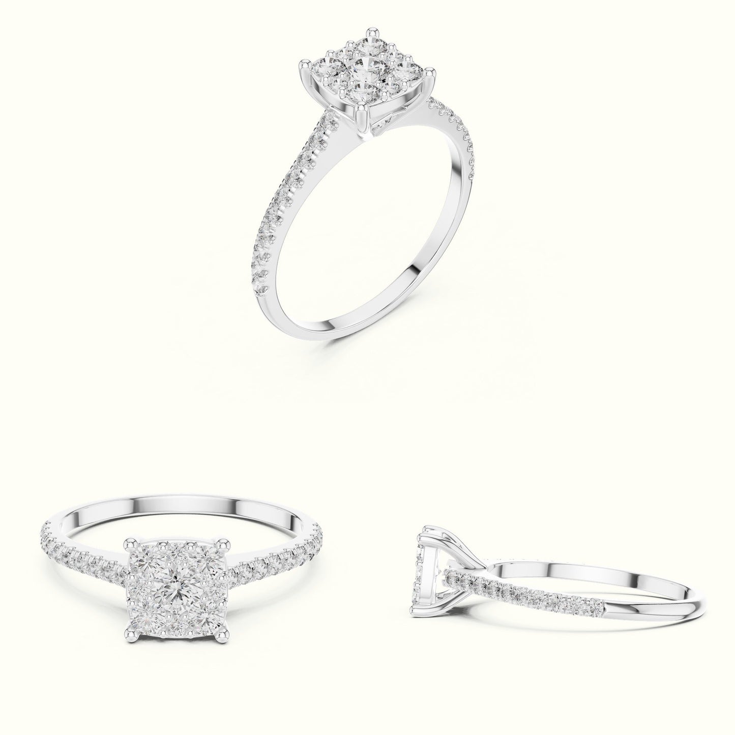 Cushion Composite Cathedral Lab-Grown Diamond Cluster Ring - White