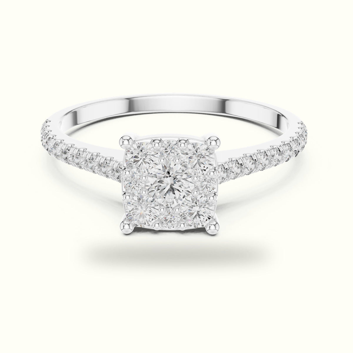 Cushion Composite Cathedral Lab-Grown Diamond Cluster Ring — White gold, front view | Crystal N Cuts