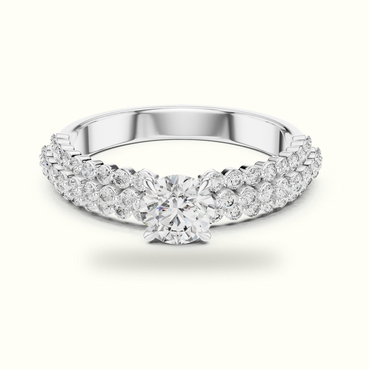 Round Four-Prong Lab-Grown Diamond Solitaire Ring — White gold, front view | Crystal N Cuts