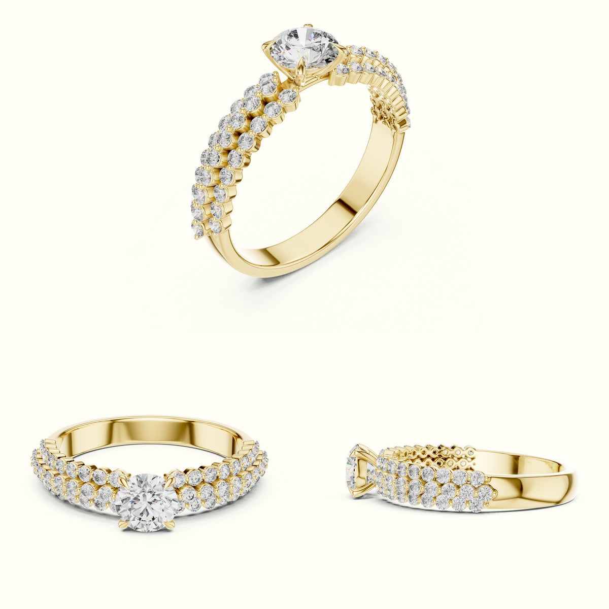Round Four-Prong Lab-Grown Diamond Solitaire Ring — Yellow gold, on the hand | Crystal N Cuts
