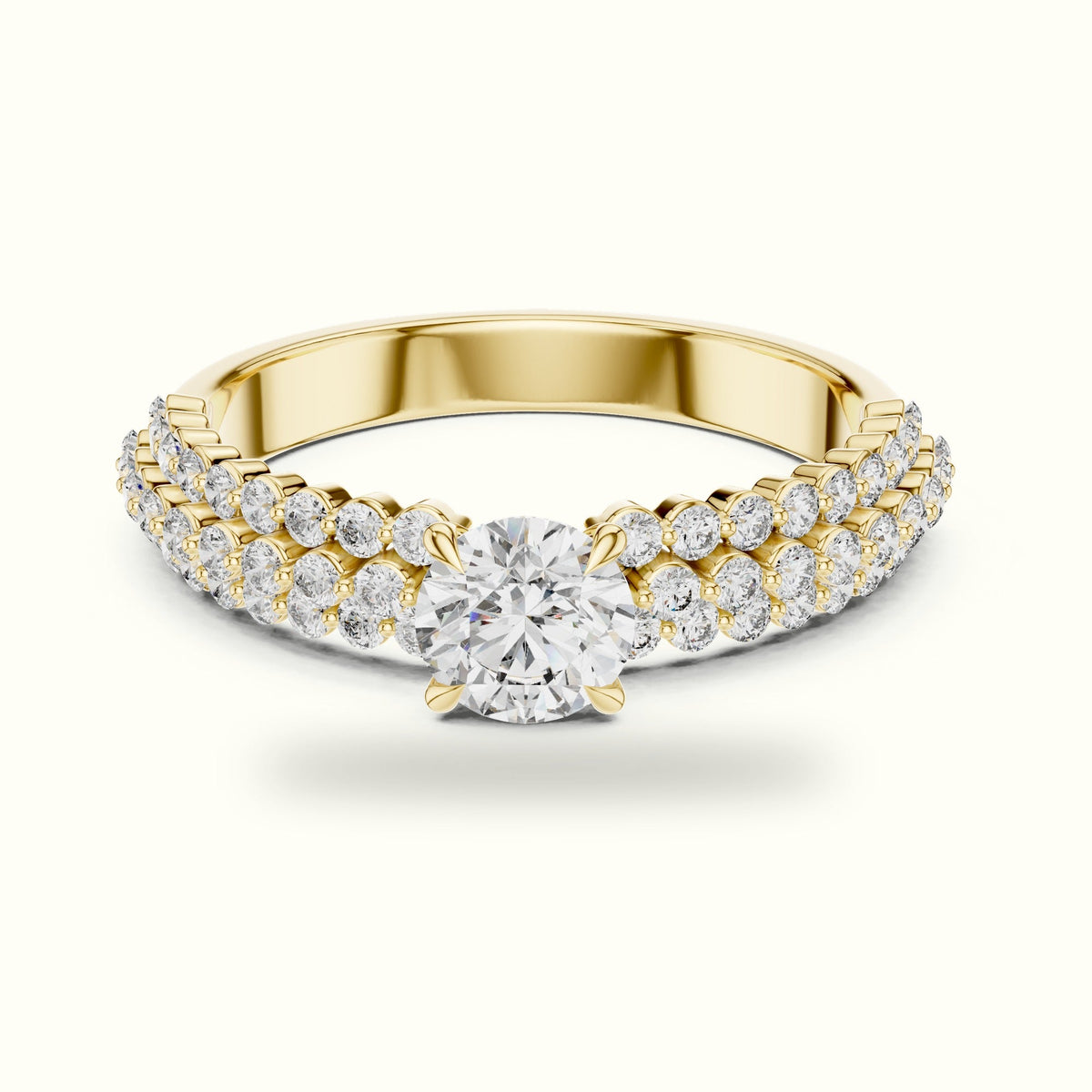 Round Four-Prong Lab-Grown Diamond Solitaire Ring — Yellow gold, front view | Crystal N Cuts