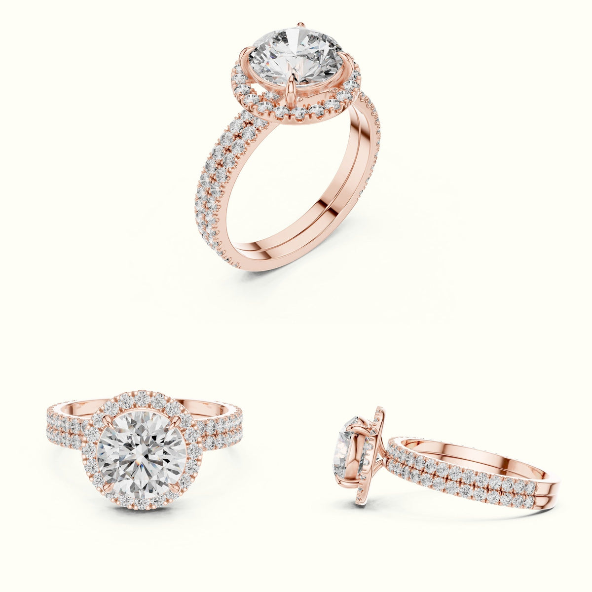 Classic Four-Prong Round Lab-Grown Diamond Halo Ring — Rose gold, on the hand | Crystal N Cuts