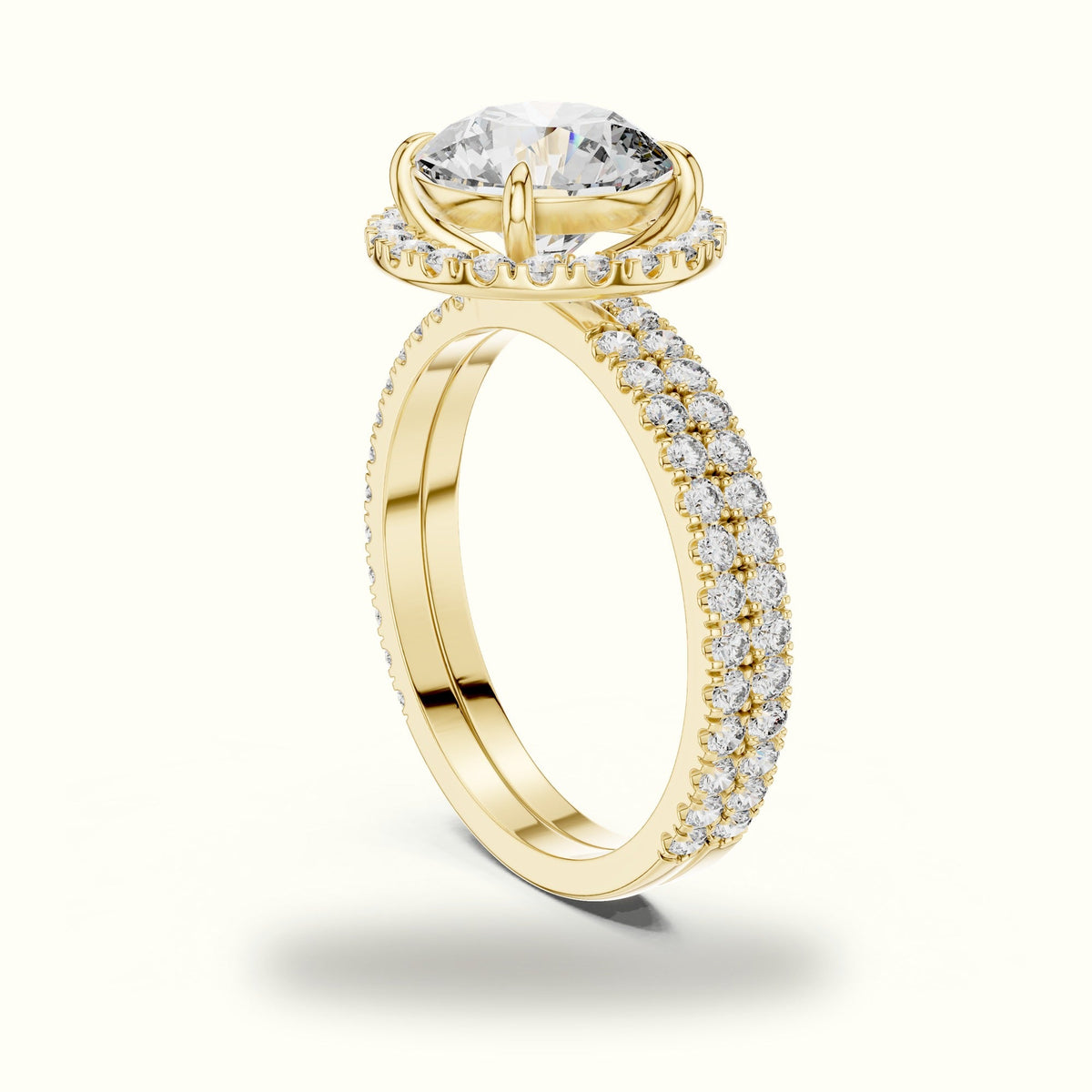 Classic Four-Prong Round Lab-Grown Diamond Halo Ring — Yellow gold, view 1 | Crystal N Cuts