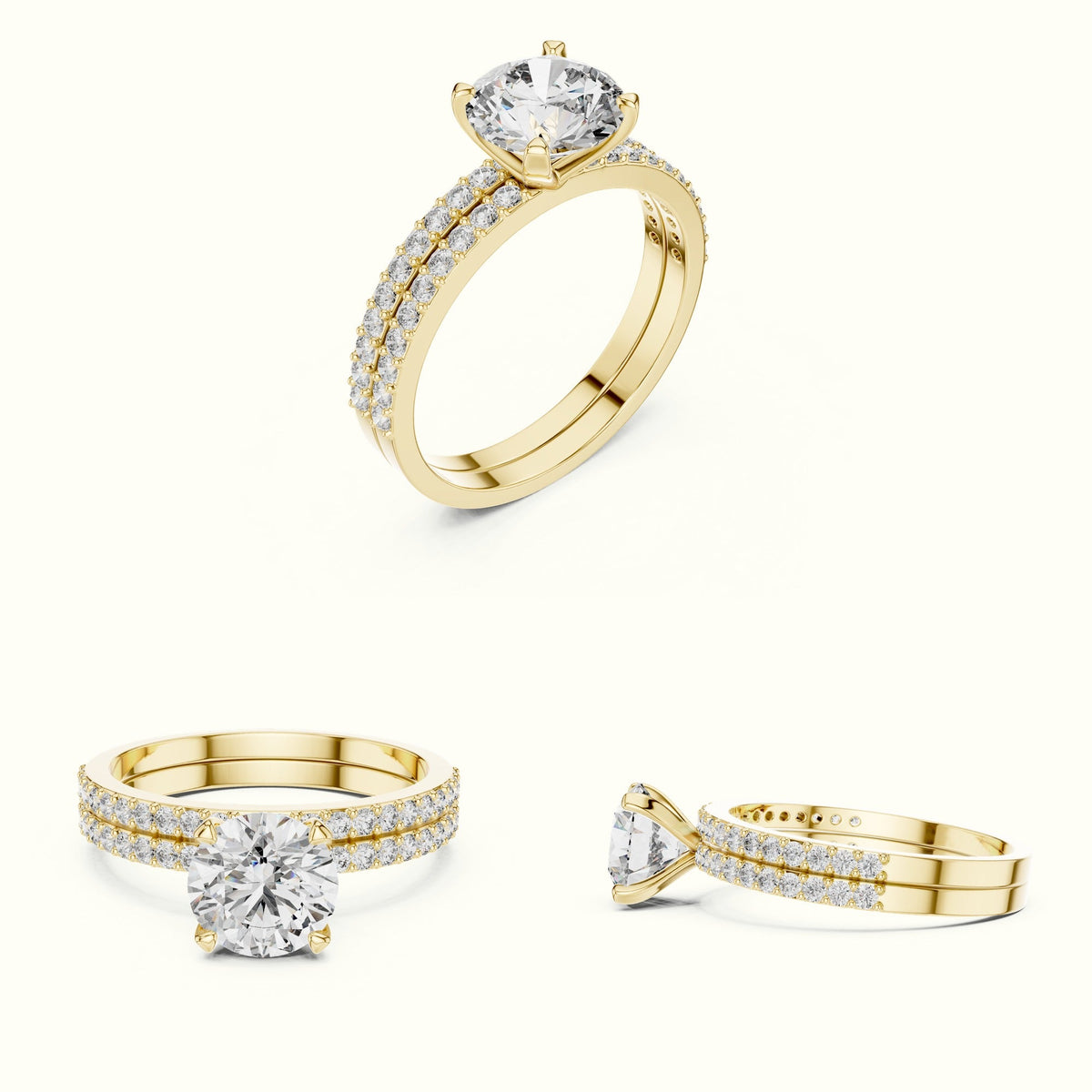 Round Peg Head Lab-Grown Diamond Solitaire Ring with Band — Yellow gold, on the hand | Crystal N Cuts
