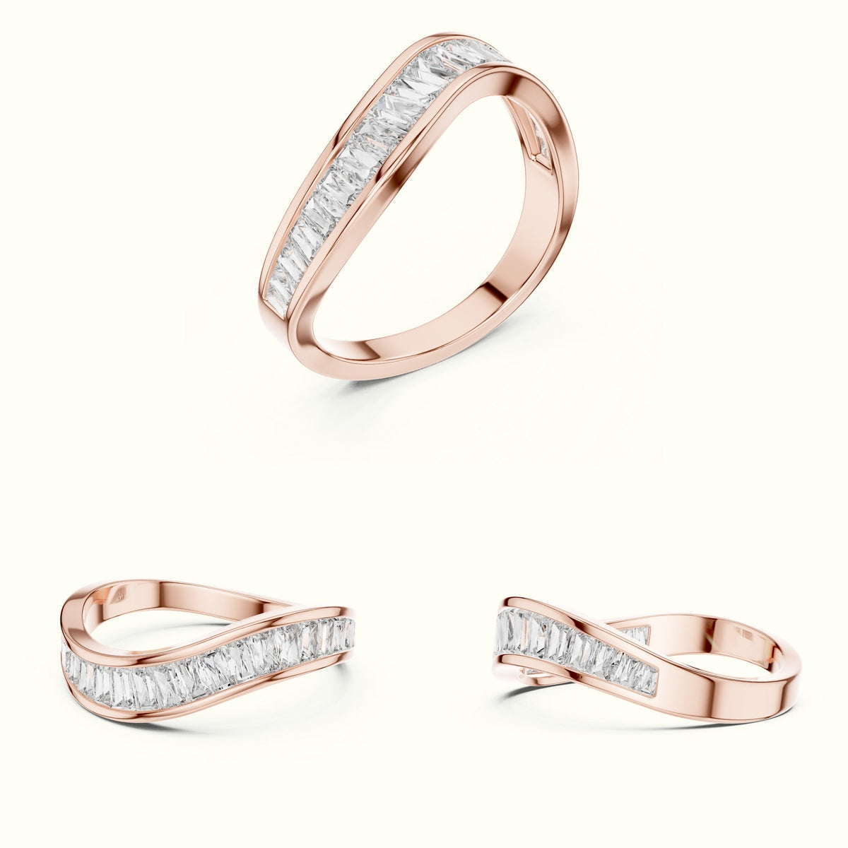 Baguette Shape Channel Lab-Grown Diamond Half Eternity Ring — Rose gold, on the hand | Crystal N Cuts