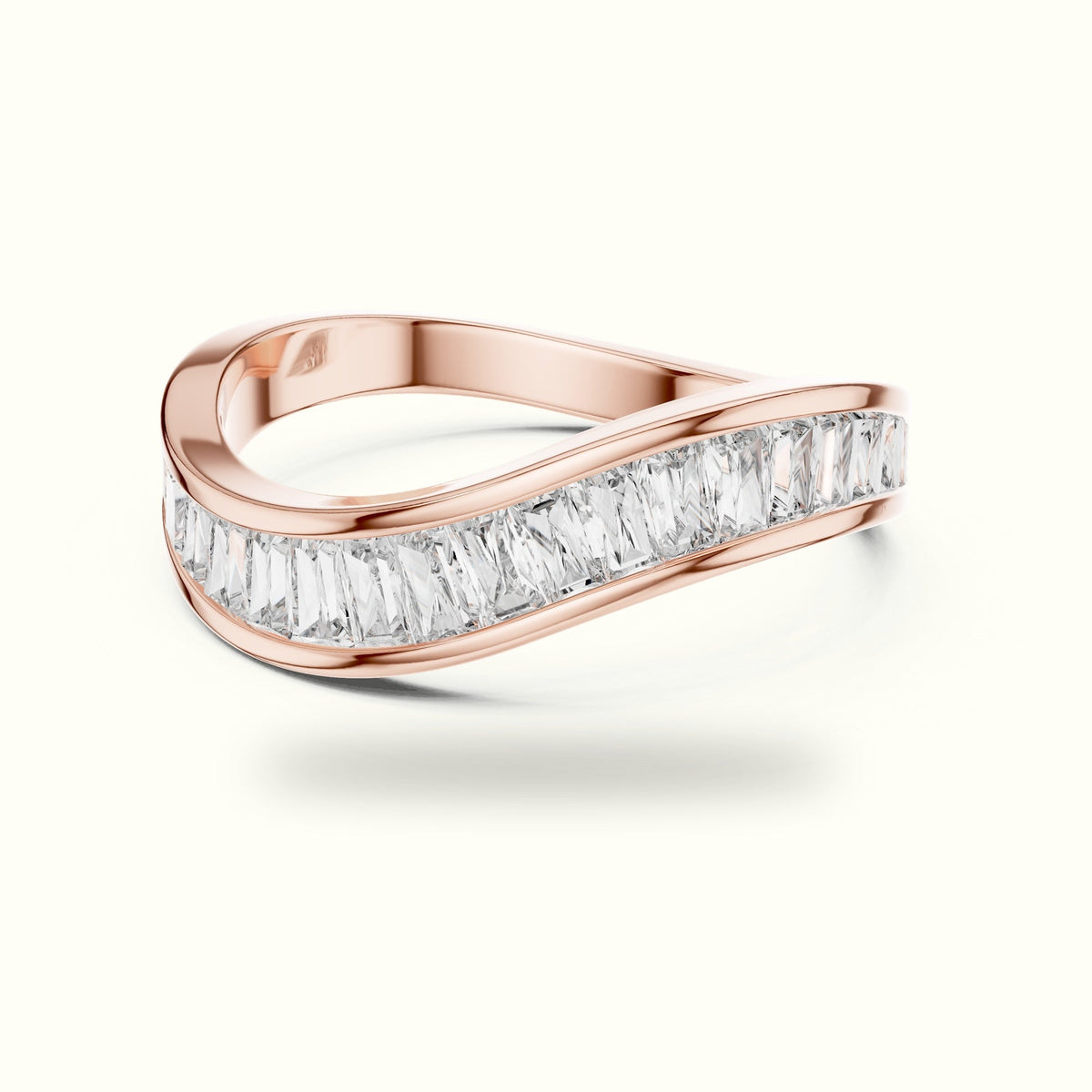 Baguette Shape Channel Lab-Grown Diamond Half Eternity Ring — Rose gold, front view | Crystal N Cuts