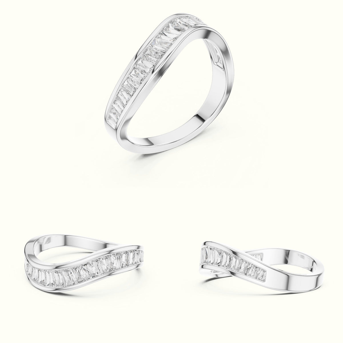 Baguette Shape Channel Lab-Grown Diamond Half Eternity Ring — White gold, on the hand | Crystal N Cuts