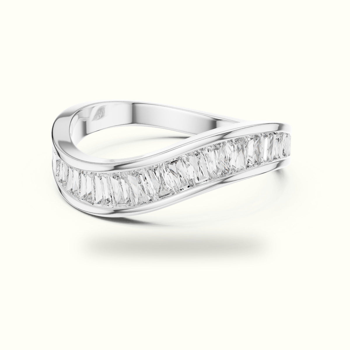 Baguette Shape Channel Lab-Grown Diamond Half Eternity Ring — White gold, front view | Crystal N Cuts