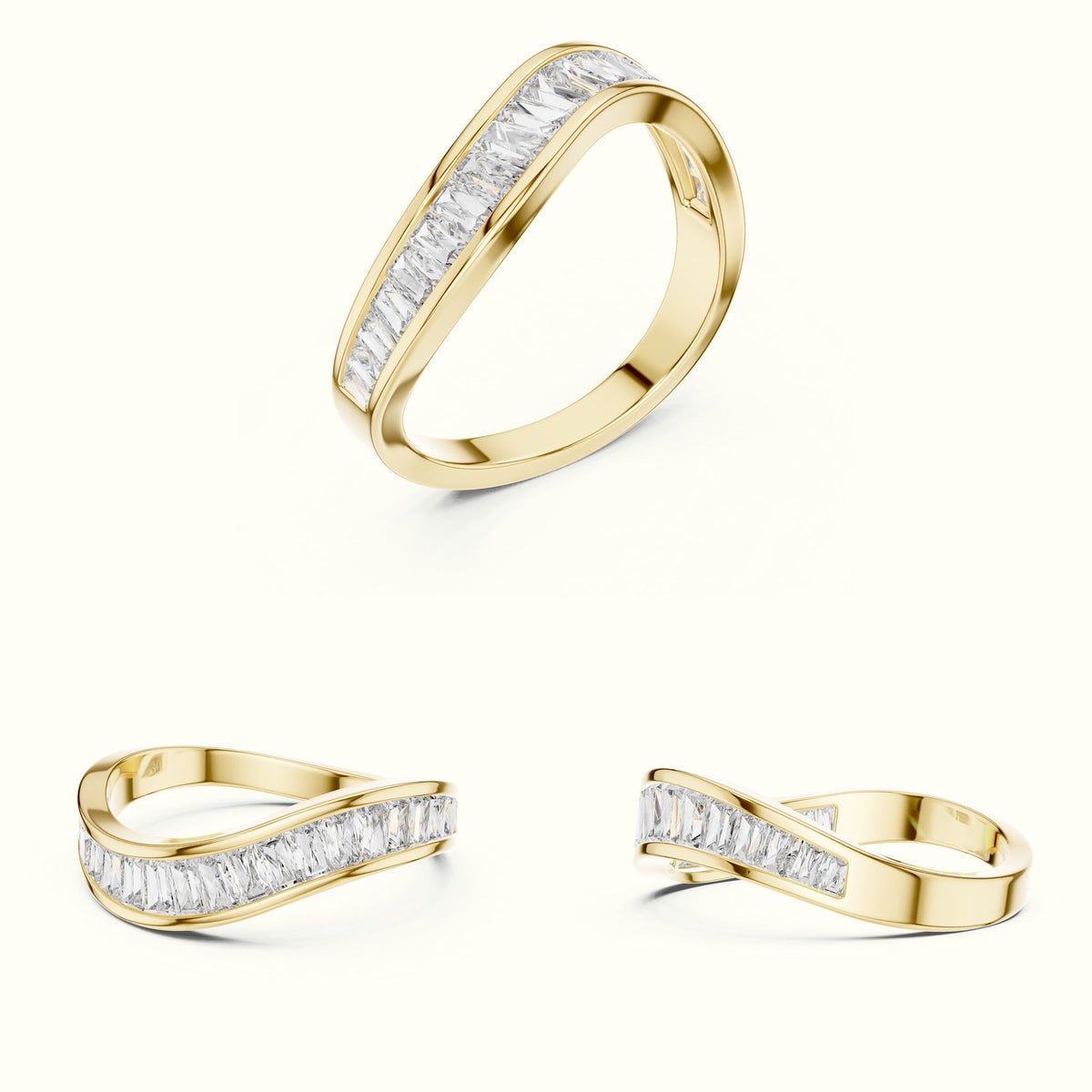 Baguette Shape Channel Lab-Grown Diamond Half Eternity Ring — Yellow gold, on the hand | Crystal N Cuts