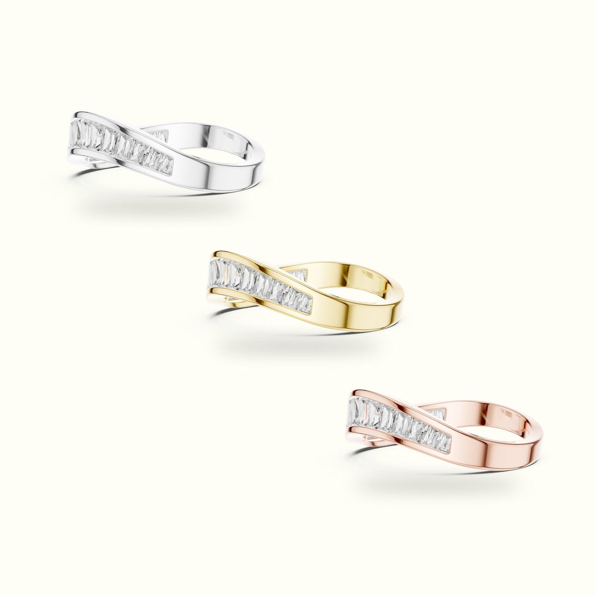 Baguette Shape Channel Lab-Grown Diamond Half Eternity Ring — Rose gold, in yellow, white and rose gold | Crystal N Cuts