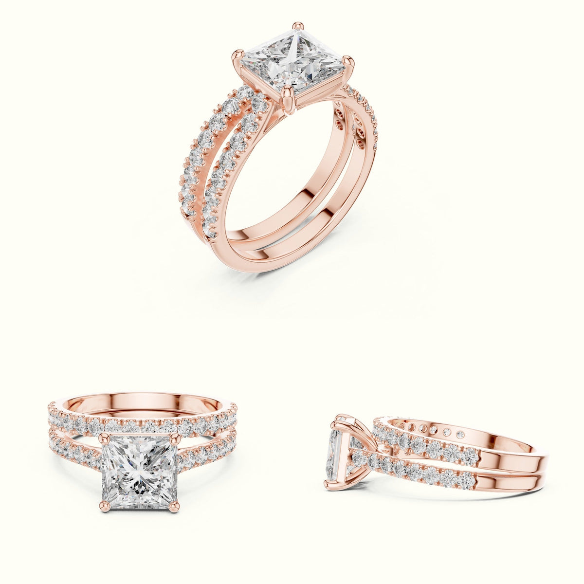 Four-Prong Princess Solitaire Lab-Grown Diamond Ring with Band — Rose gold, on the hand | Crystal N Cuts