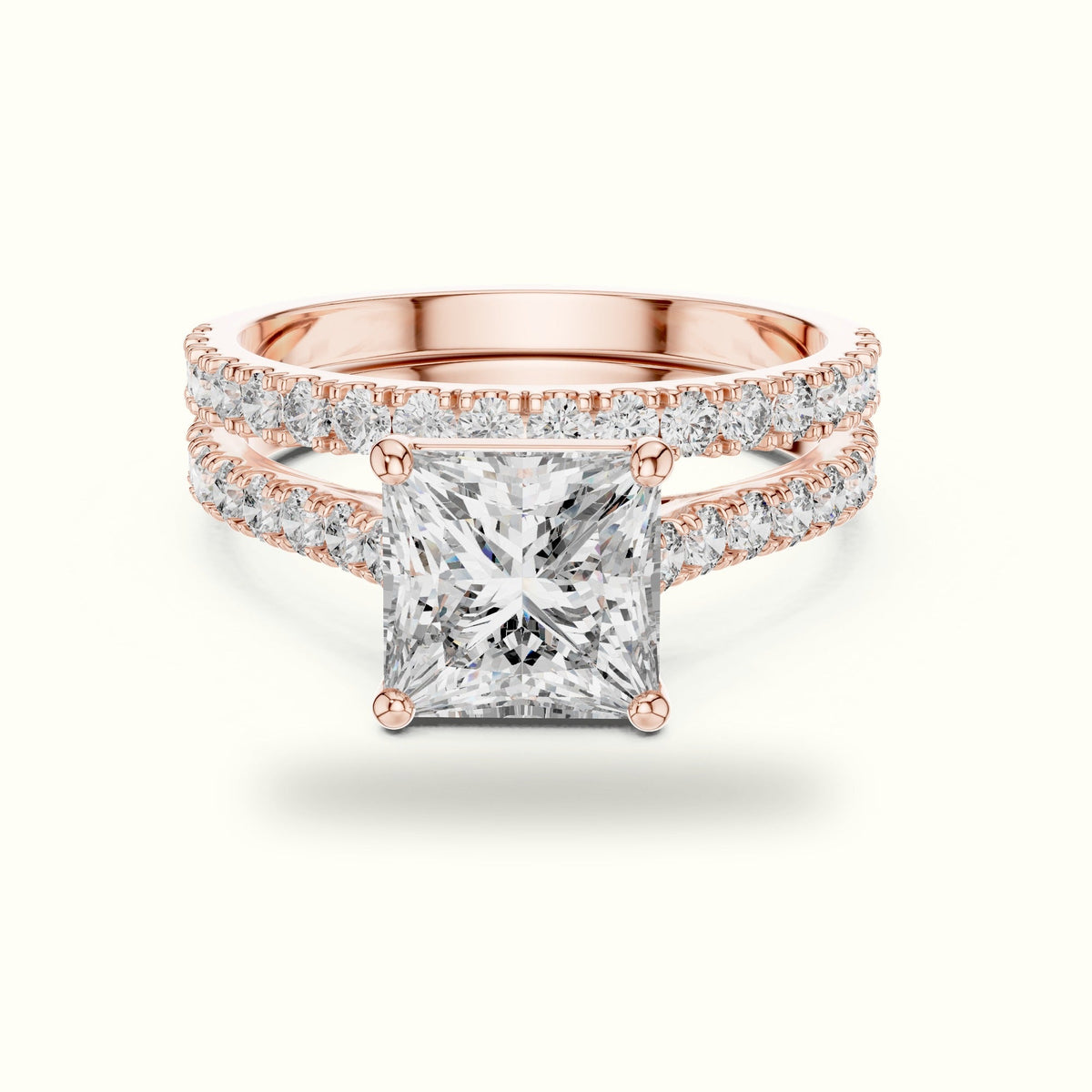 Four-Prong Princess Solitaire Lab-Grown Diamond Ring with Band — Rose gold, front view | Crystal N Cuts