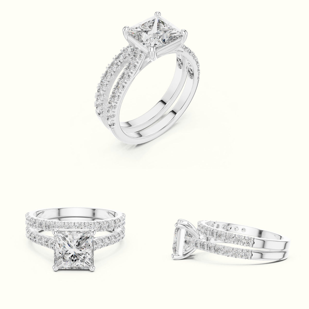 Four-Prong Princess Solitaire Lab-Grown Diamond Ring with Band — White gold, on the hand | Crystal N Cuts