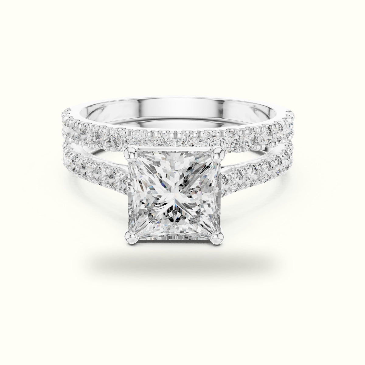 Four-Prong Princess Solitaire Lab-Grown Diamond Ring with Band — White gold, front view | Crystal N Cuts