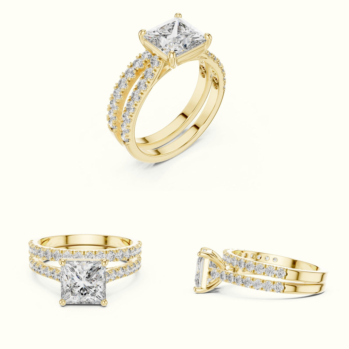 Four-Prong Princess Solitaire Lab-Grown Diamond Ring with Band — Yellow gold, on the hand | Crystal N Cuts
