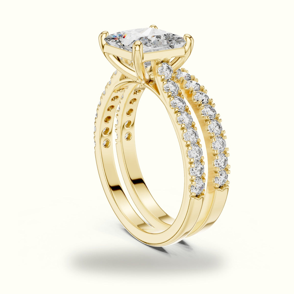Four-Prong Princess Solitaire Lab-Grown Diamond Ring with Band — Yellow gold, view 1 | Crystal N Cuts