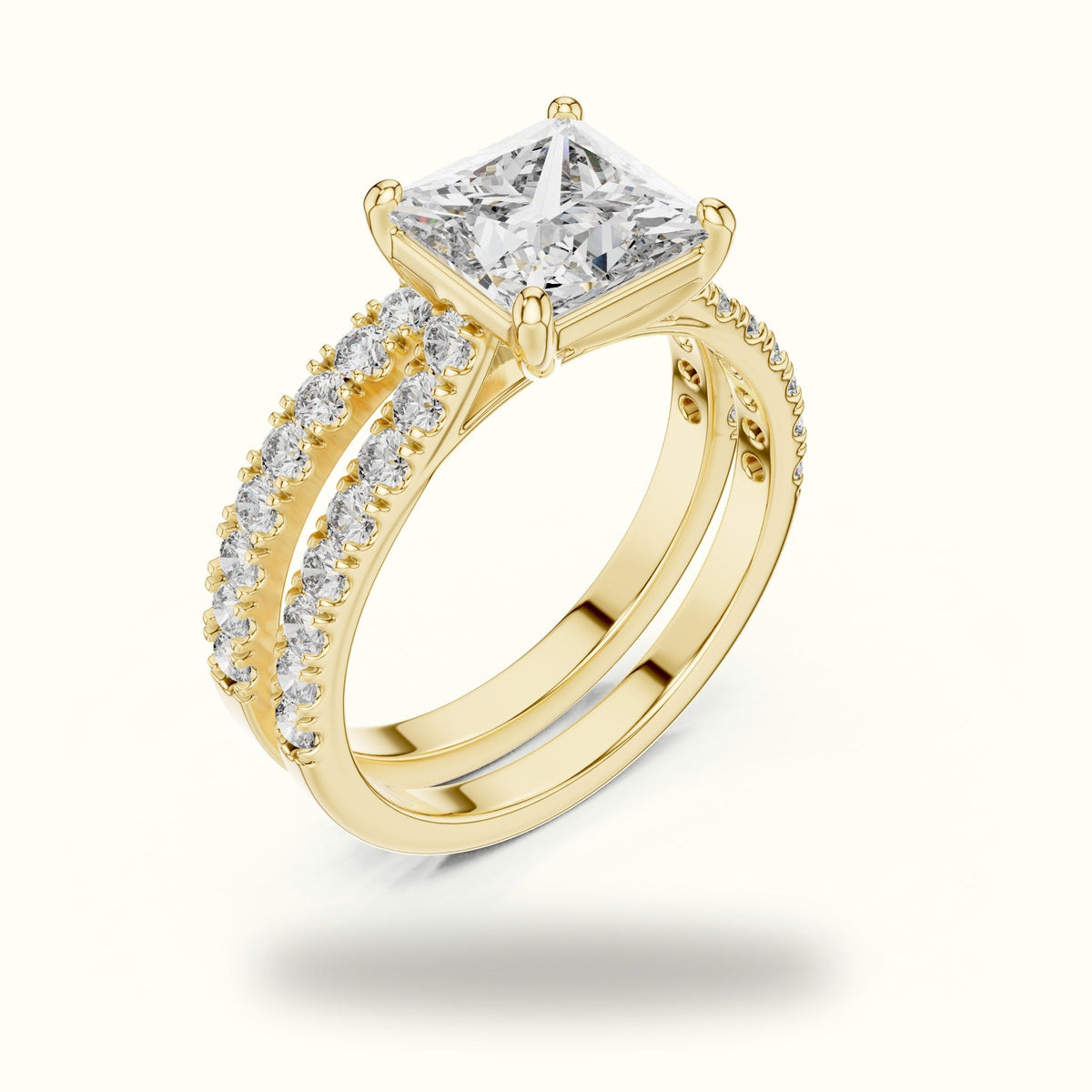 Four-Prong Princess Solitaire Lab-Grown Diamond Ring with Band — Yellow gold, view 2 | Crystal N Cuts